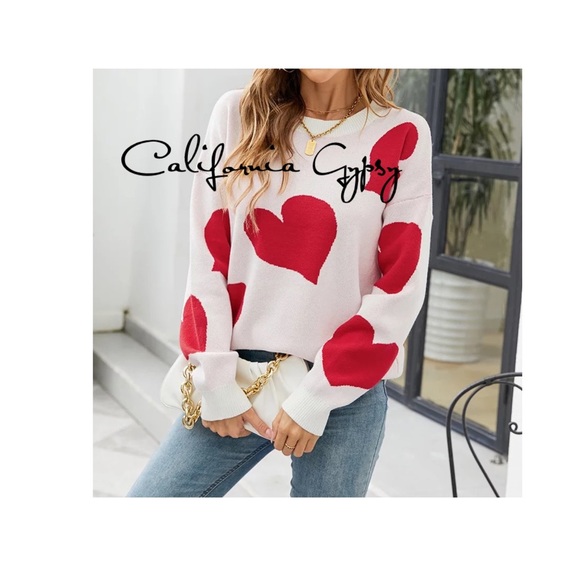 Heart Print Oversized V-Neck Knit Sweater - Picture 3 of 9